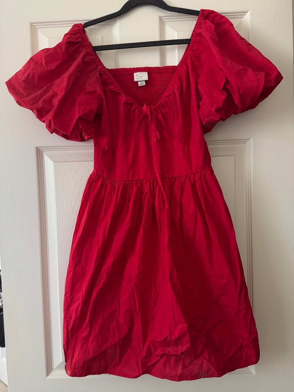 a new day Bright Red Puff Sleeve Tie-Front Casual Dress
